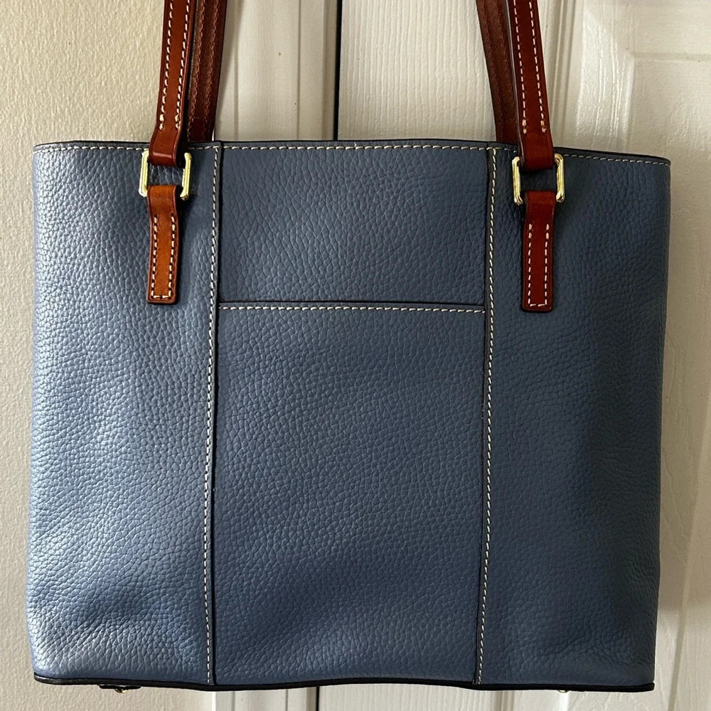 Dooney & Bourke Slate Blue Pebbled Leather Tote with Brown Handles - Picture 2 of 6